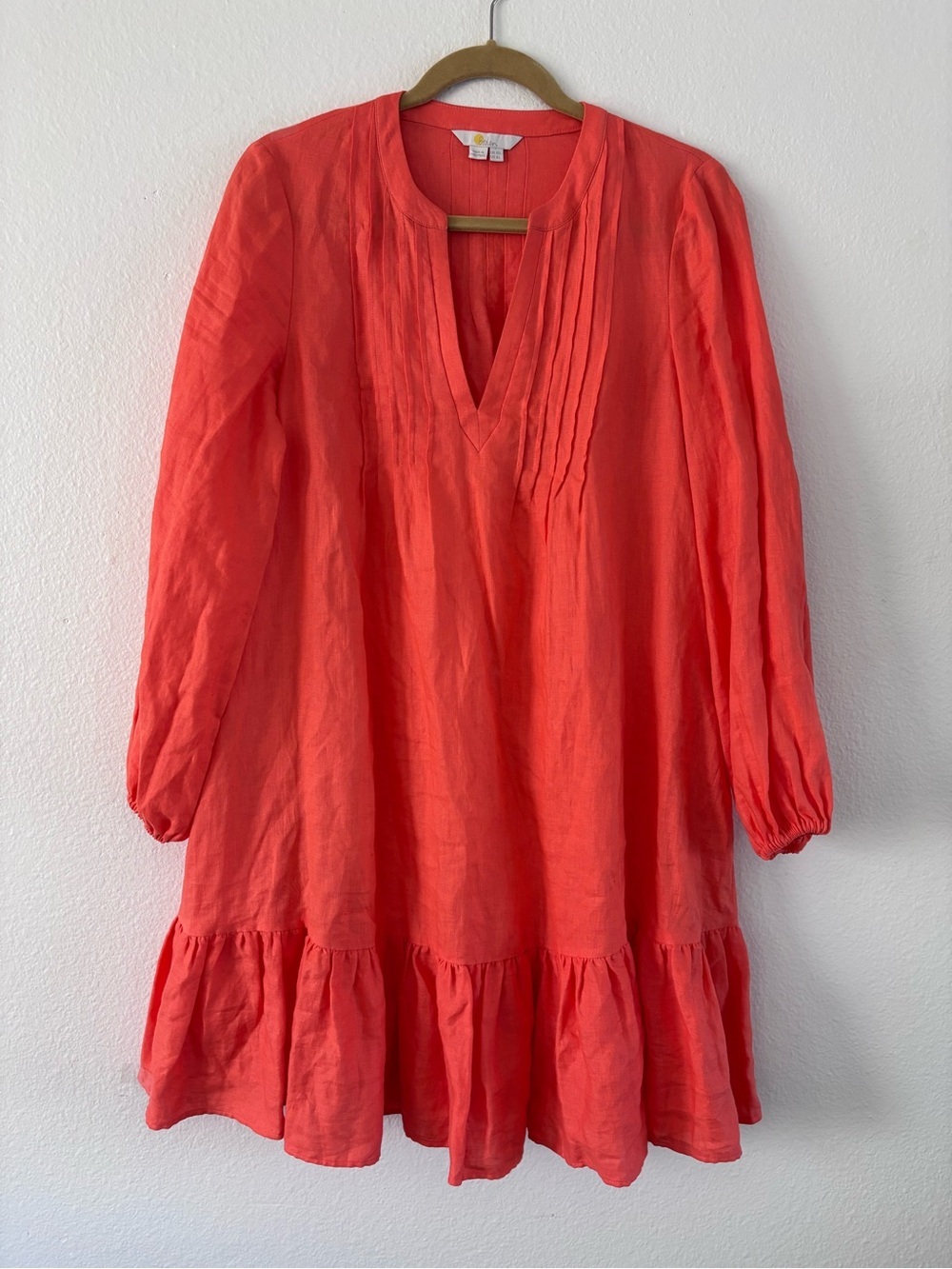 Boden 100% Linen Pintuck Ruffle Mini Dress Long Sleeves Size: 6 L EUC 🔥